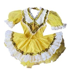 Little girls yellow dance leotard and tutu skirt with sequins and lace costume